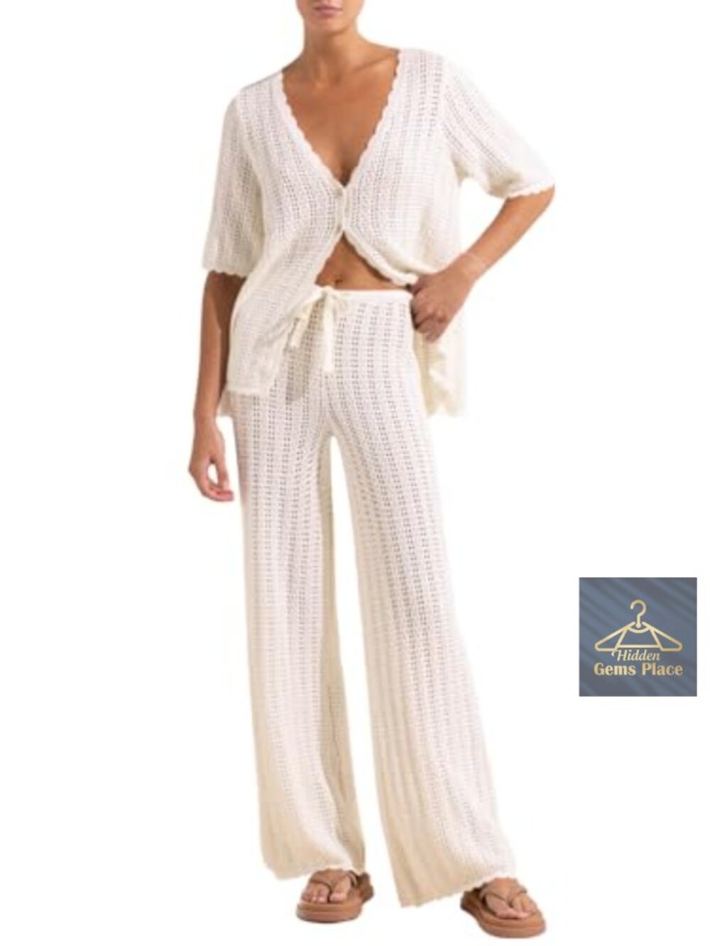 Crochet Knit 2-Piece Swimsuit Coverup Set Short Sleeve Cardigan Wide Leg Pants